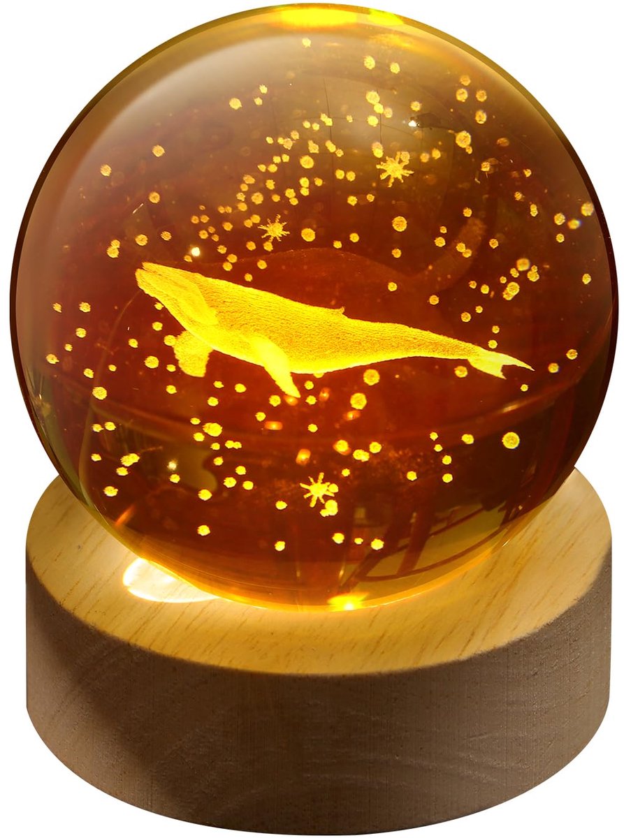 Dailygoods - 3D Crystal Ball Nachtlamp - Gegraveerde Glazen Bal met Houten Basis