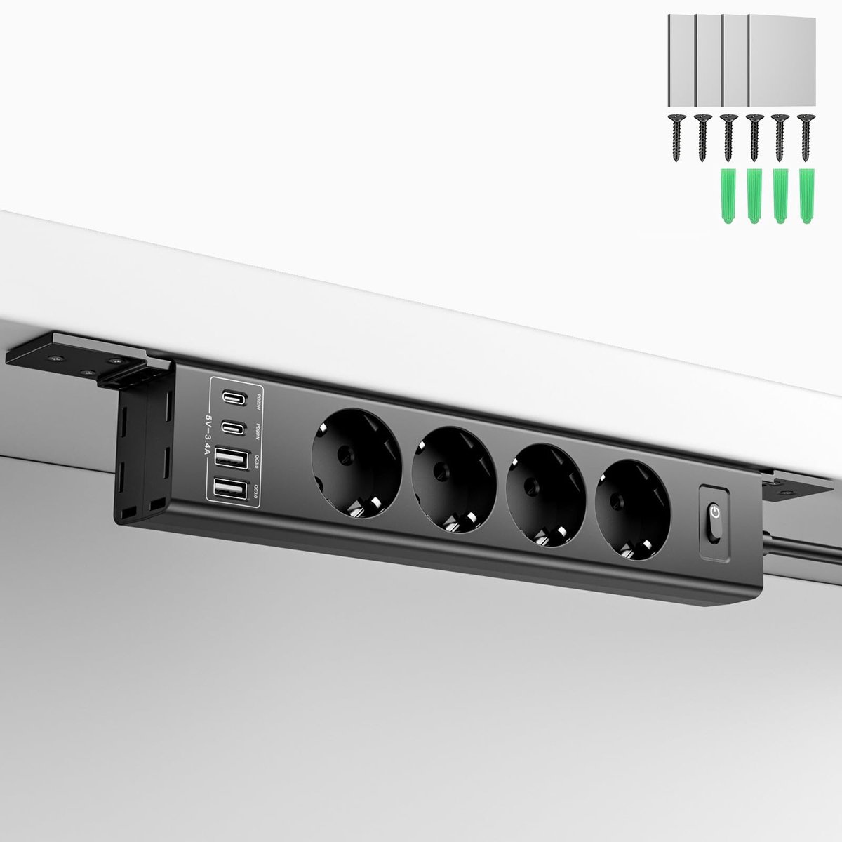 Dailygoods - Power Strip met Draaioptie, 4 Stopcontacten + 4 USB Poorten, 2m Kabel, Zwart