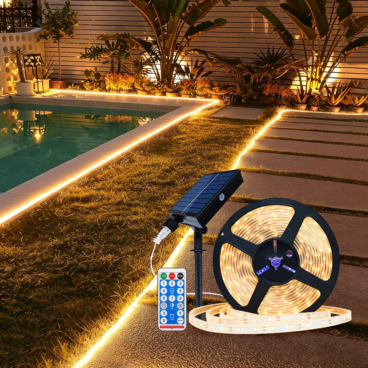 SnelShoppen - Ledstrip op zonne-energie 10m, 600 LEDs, dimbaar met afstandsbediening, 8 modi, timer, waterdicht, zelfklevend voor tuin, balkon, terras