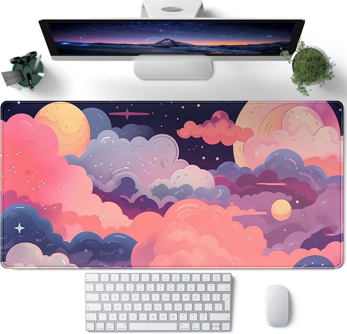 SnelShoppen - XXL Gaming Muismat Kawaii Wolken Roze Paars Bureauonderlegger Anime 31,5 inch x 15,7 inch Antislip Rubber en Lycra Bureau Decor