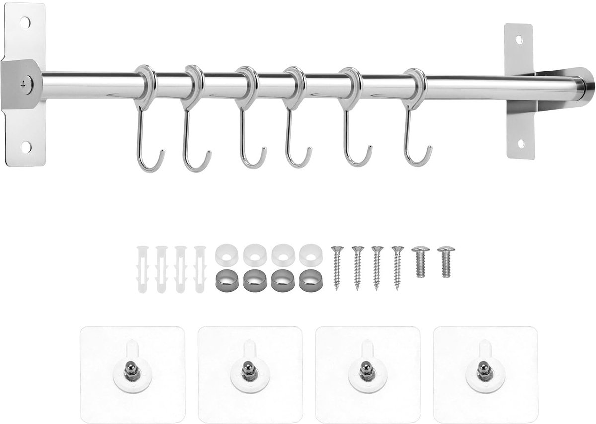 Dailygoods - Hangende Keukenstaaf 40 cm met 6 Verplaatsbare Haken
