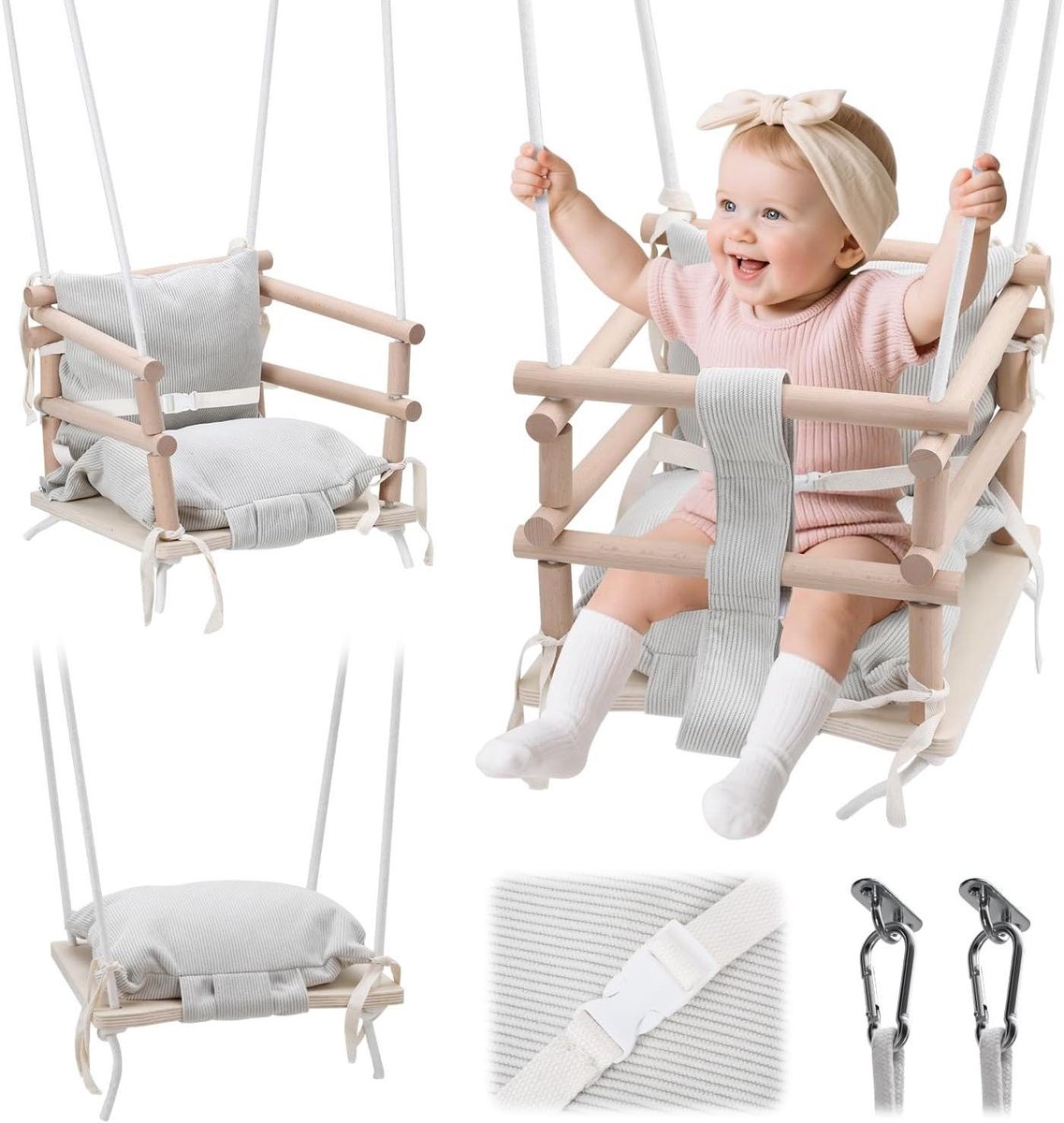 Babyschommel Hout - Schommelbankje Baby - Binnen en Buiten Spelen - 3-in-1 Verstelbaar - 160-260 cm - Lichtbeige