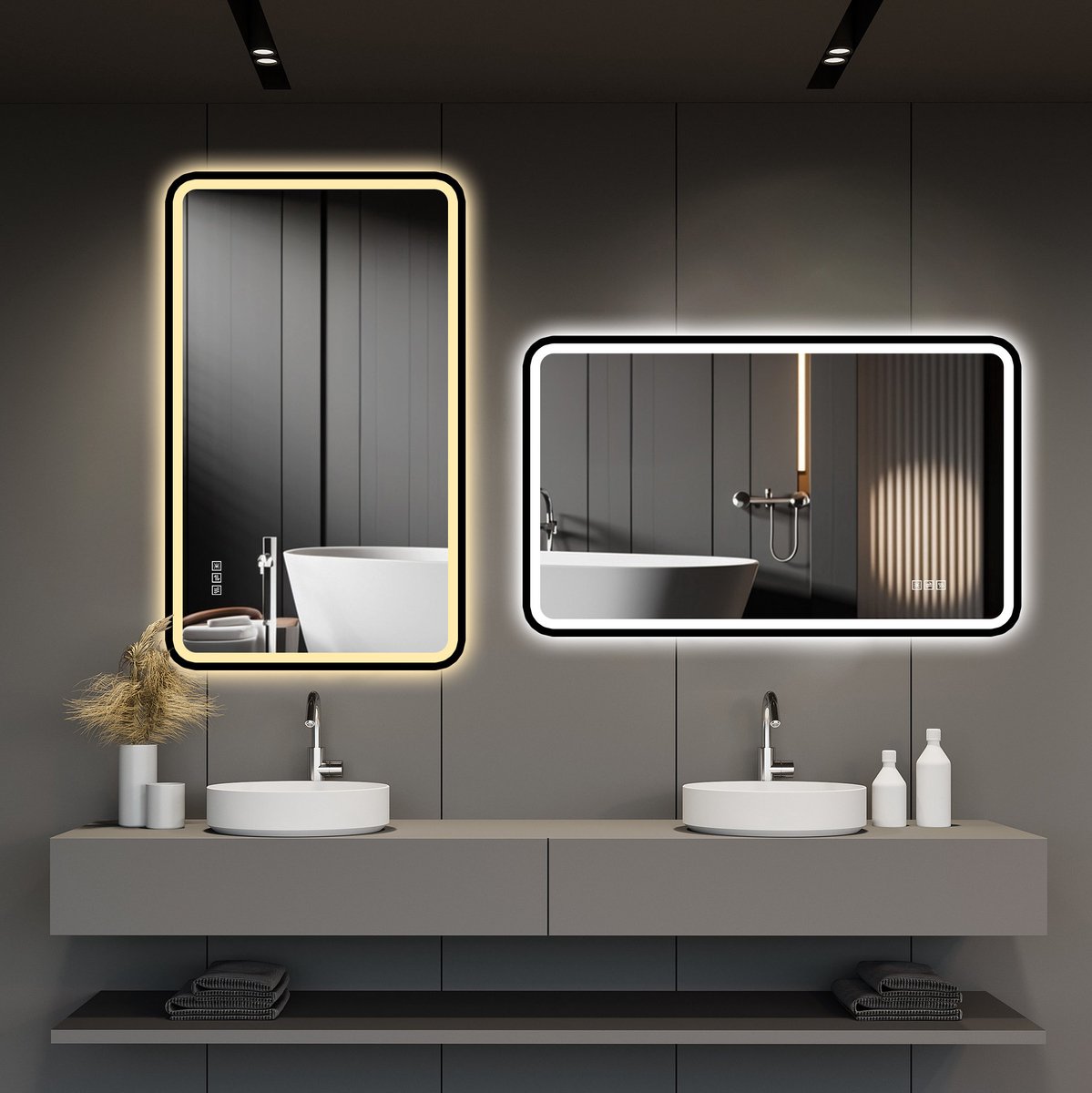 HAUSS SPOLE Spiegel – LED Badkamerspiegel – 100 x 60 cm – Aluminium En Gehard Glas – Zwart – Wandmontage Voor Badkamer – Dimbaar