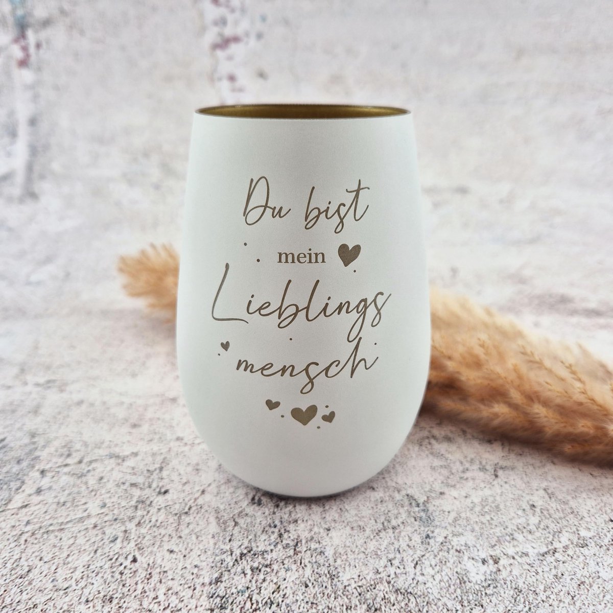 SnelShoppen - Windlicht met Spreuk, Theelichtglas voor Decoratie, Kandelaar 12 x 8,5 cm, Wit-Goud, Cadeau-idee voor Familie, Vrienden & Herzensmensche