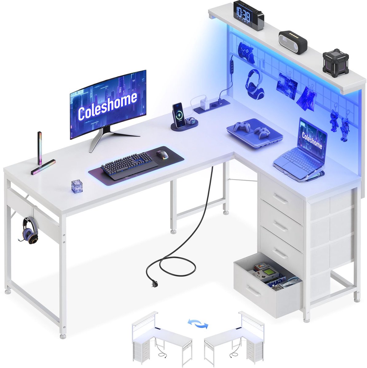 SnelShoppen - Coleshome Gamingbureau met LED-Verlichting, Omkeerbaar Hoekbureau met 4 Lades, Stopcontacten en Opbergruimte, Gamingtafel 130x100cm in W