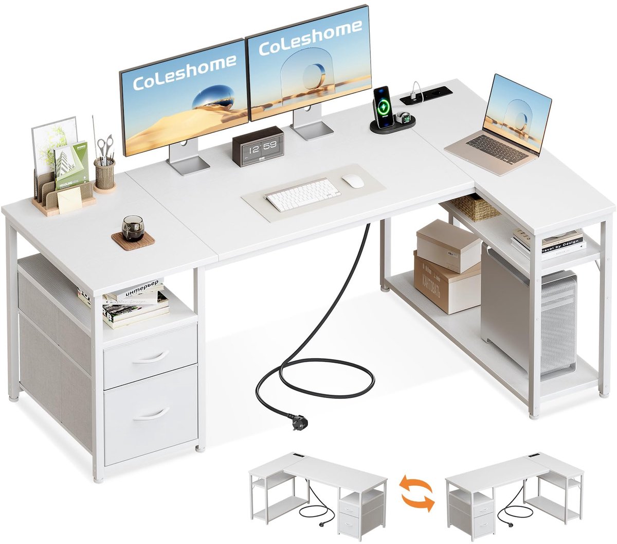 SnelShoppen - L-vormig Hoekbureau met Laden, Omkeerbare Plank, Stopcontacten en USB-poorten, Wit, 160x80cm voor Thuiswerken, Kantoor en Gamen
