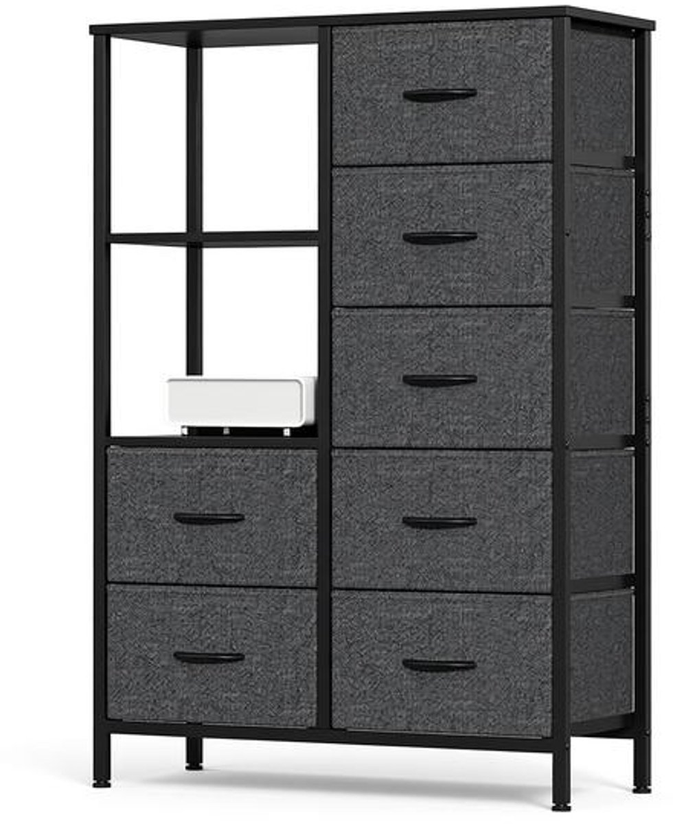 Opbergkast met 7 Stoffen Lades en 2 Open Planken, IJzeren Frame, MDF Blad, Verstelbare Poten, Multifunctioneel, Donker grijs.