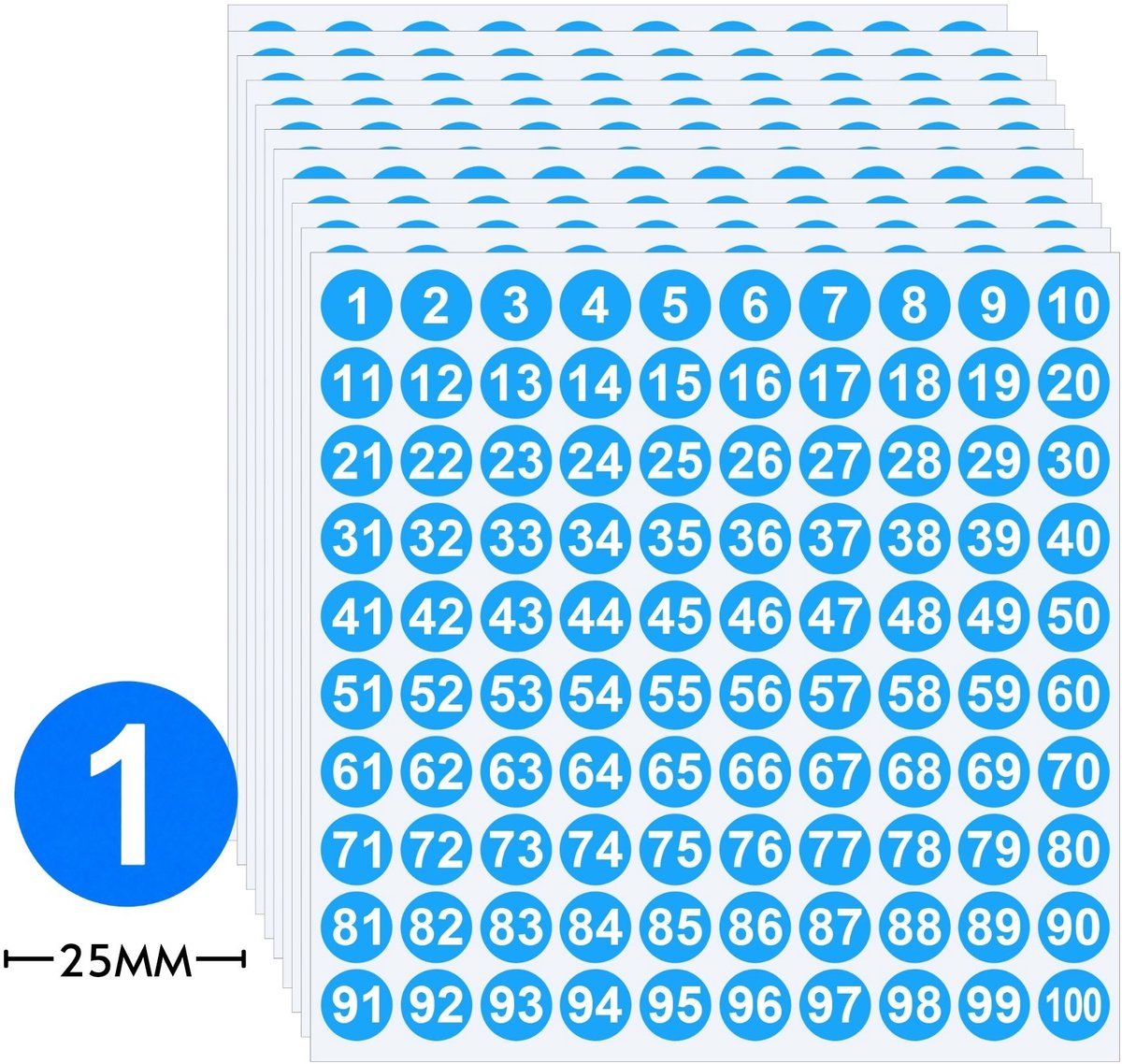 Cijfer Stickers 1 t/m 100 – 10 Vellen – Nummerstickers 25MM – Zelfklevende Etiketten groot blauw