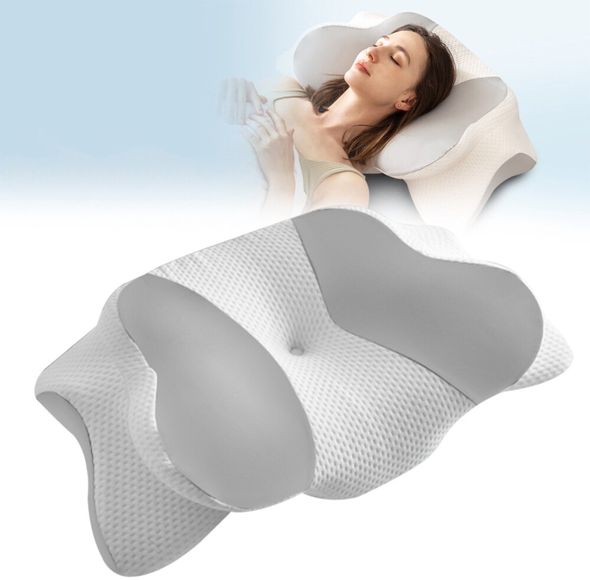 raagschuimkussen - Kikkerkussen - Anti-snurkkussen – Neksteunkussen - Orthopedisch ergonomisch kussen – Geschikt voor slapen op de rug, zij en buik - Verlicht nekpijn - Traagschuim - Lengte 62*Breedte 40*Hoogte 15 cm - Wit/Lichtgrijs