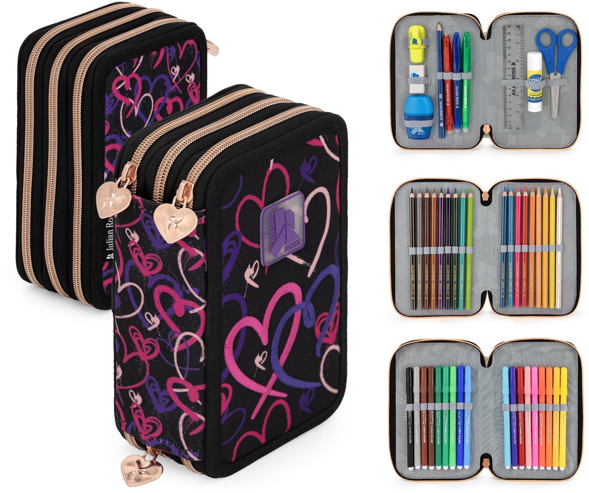 SnelShoppen - Drievoudig gevuld etui voor kinderen met 45 schoolaccessoires, 3 ritssluitingen, georganiseerde vakken, kleurpotloden, viltstiften, lijm