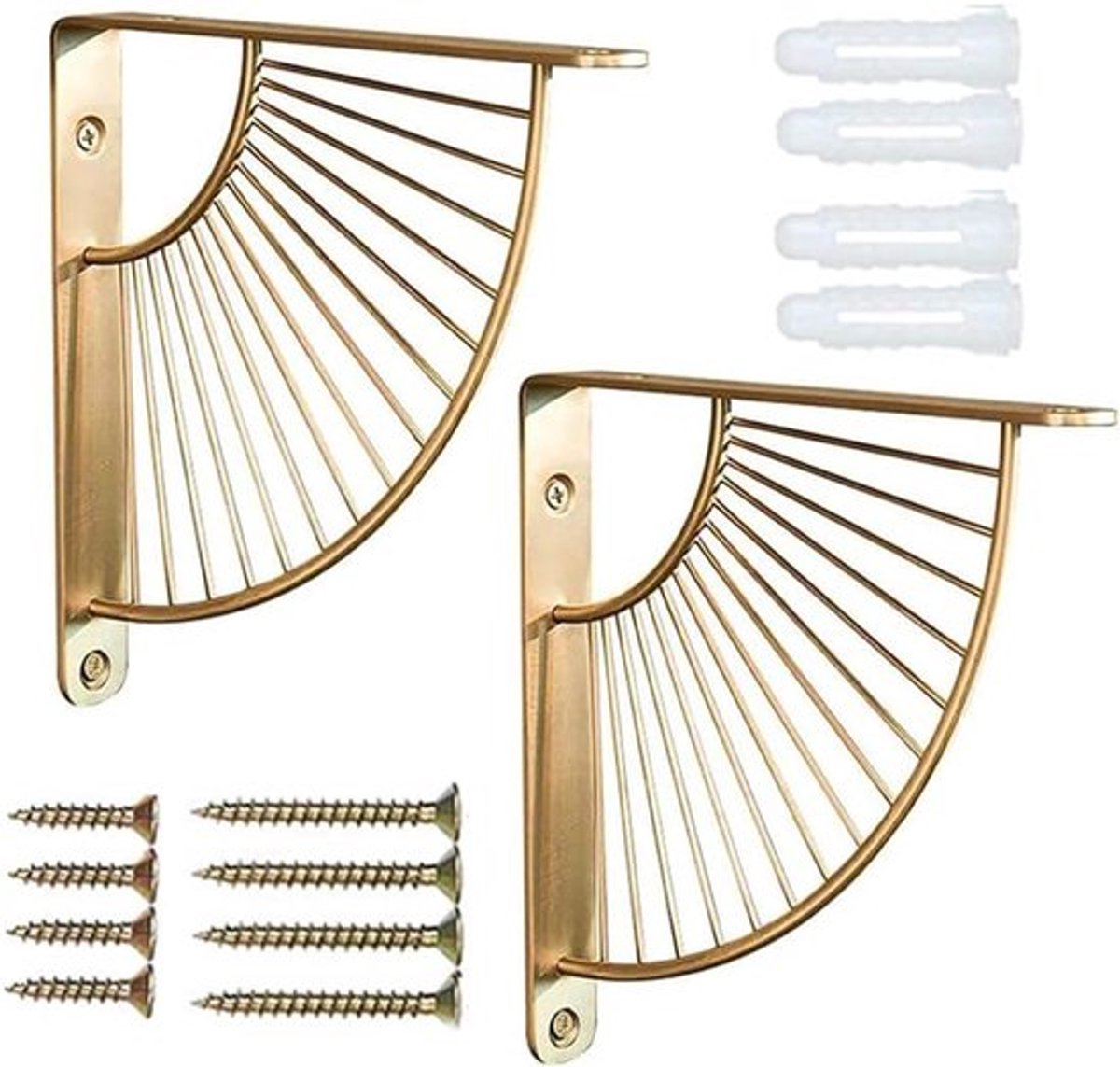 Metalen plankbeugels voor ambachtelijke planken - muurbeugels set van 2 - goudkleurig - hoekbeugels 90 graden - wandgemonteerde planksteunen - ijzeren beugels - decoratieve plankdragers - geschikt voor ambachtelijke projecten - goudkleurig model.