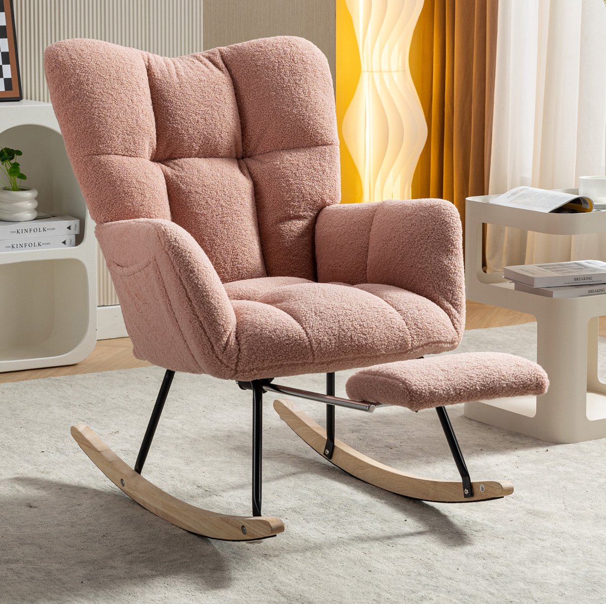 COVREO Schommelstoel Fauteuil 70 x 98,5 cm - roze, met voetensteun en armleuningen