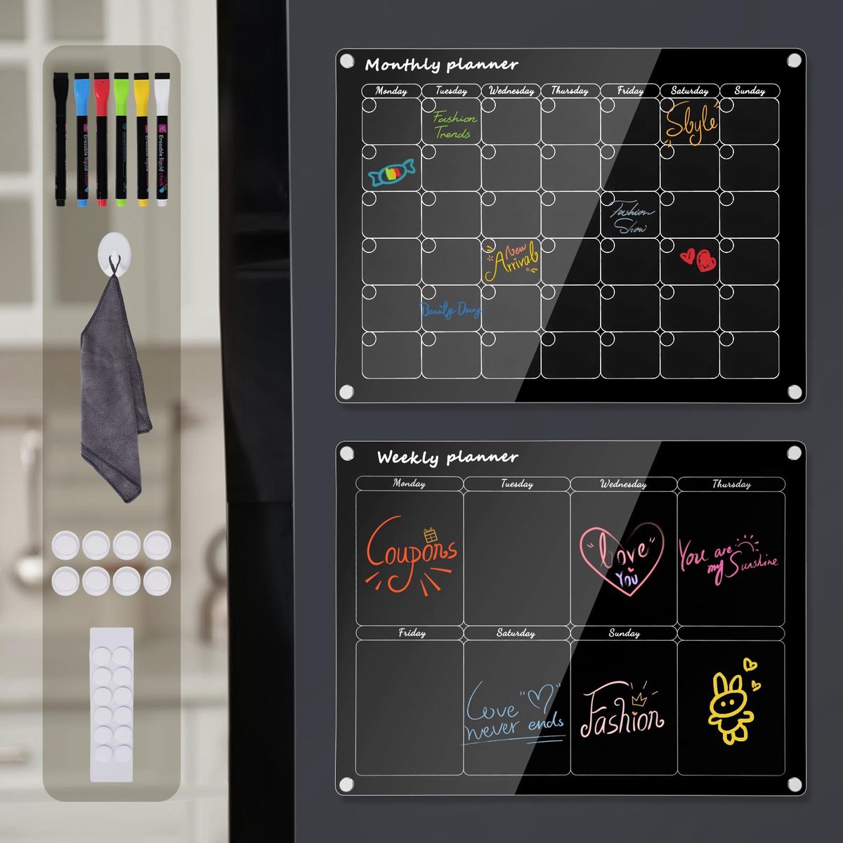 SnelShoppen - Magnetische Weekplanner en Maandplanner - Afwasbare Familieplanner met Gum en 6 Kleurpotloden - Organiseer Etensplanning en Boodschappen