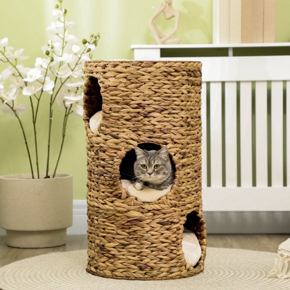 MIVRAY Krabton - 3 Niveaus Met 3 Ingangen - 40 x 40 x 73 cm - Waterhyacint - Bruin - Met Kussens Voor Rust En Spel