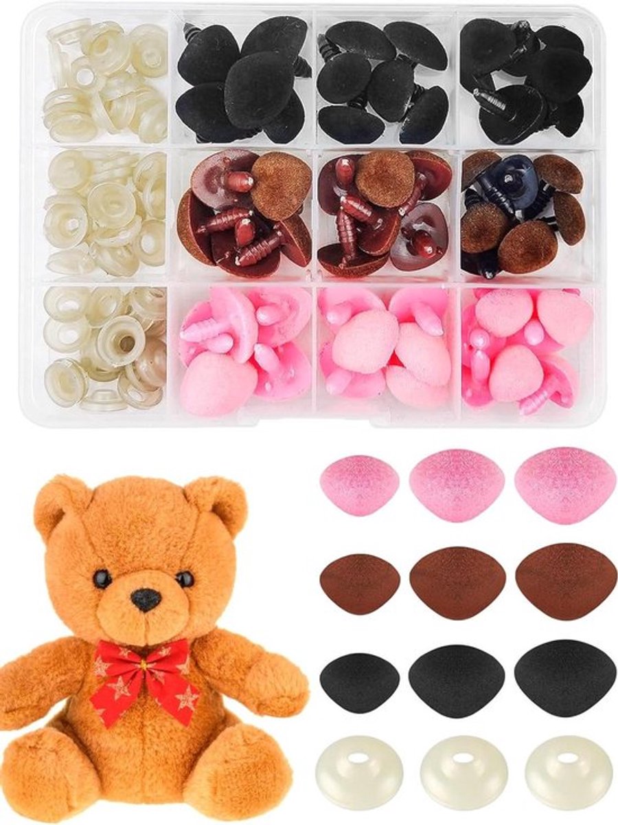 Set van 54 Veiligheid Neuzen in 3 Maten en 3 Kleuren voor Haakdieren - D Type met Wasmachines - Plastic Veiligheid Neuzen voor Poppen, Puppets en Pluche Speelgoed