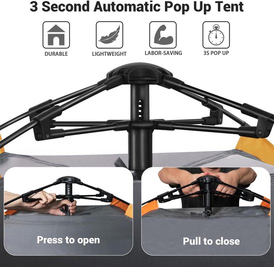 SnelShoppen - Cflity Campingtent 3-persoons Pop-Up Tent Automatische Waterdichte 4-seizoens Koepeltent met Grote Vloermat en Afneembare Regendoek voor — afbeelding 2