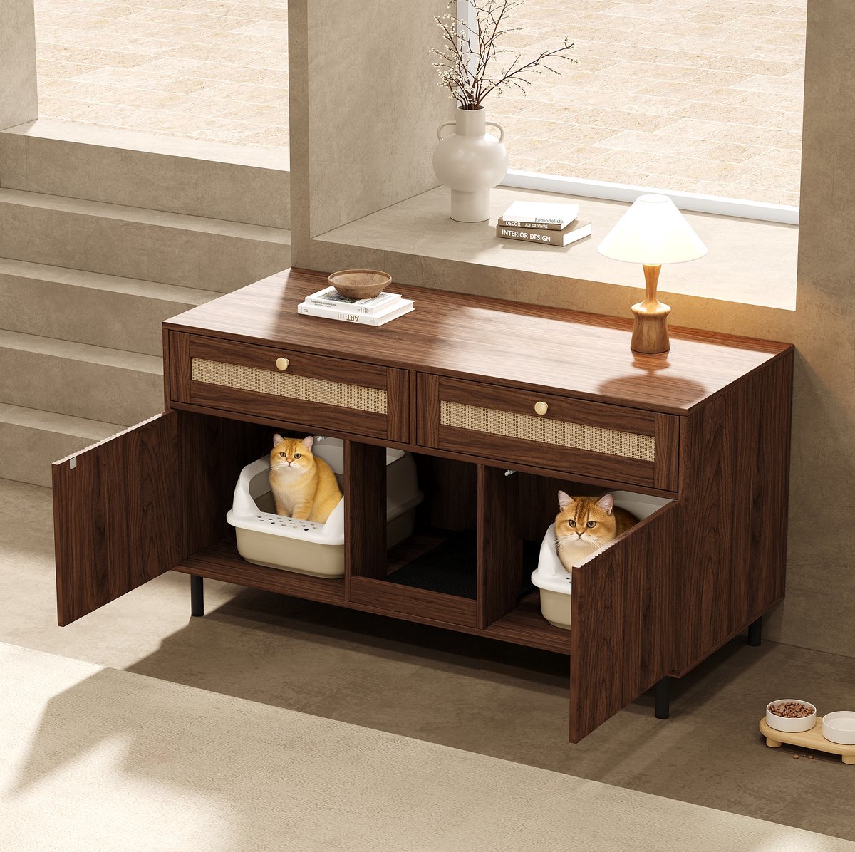 MIVRAY Kattenbakcontainer – Met Sandvangmat – 120 x 50 x 65 cm – MDF – Walnootkleur – Verborgen Opberging Voor Kattenbak En Accessoires