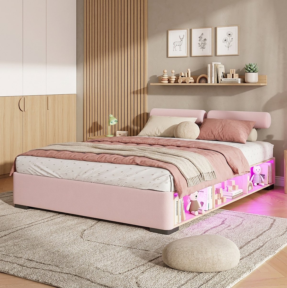 MODFU Kinderbed - Met Opbergruimte - Met Verlichting - Roze - 140 X 200 Cm