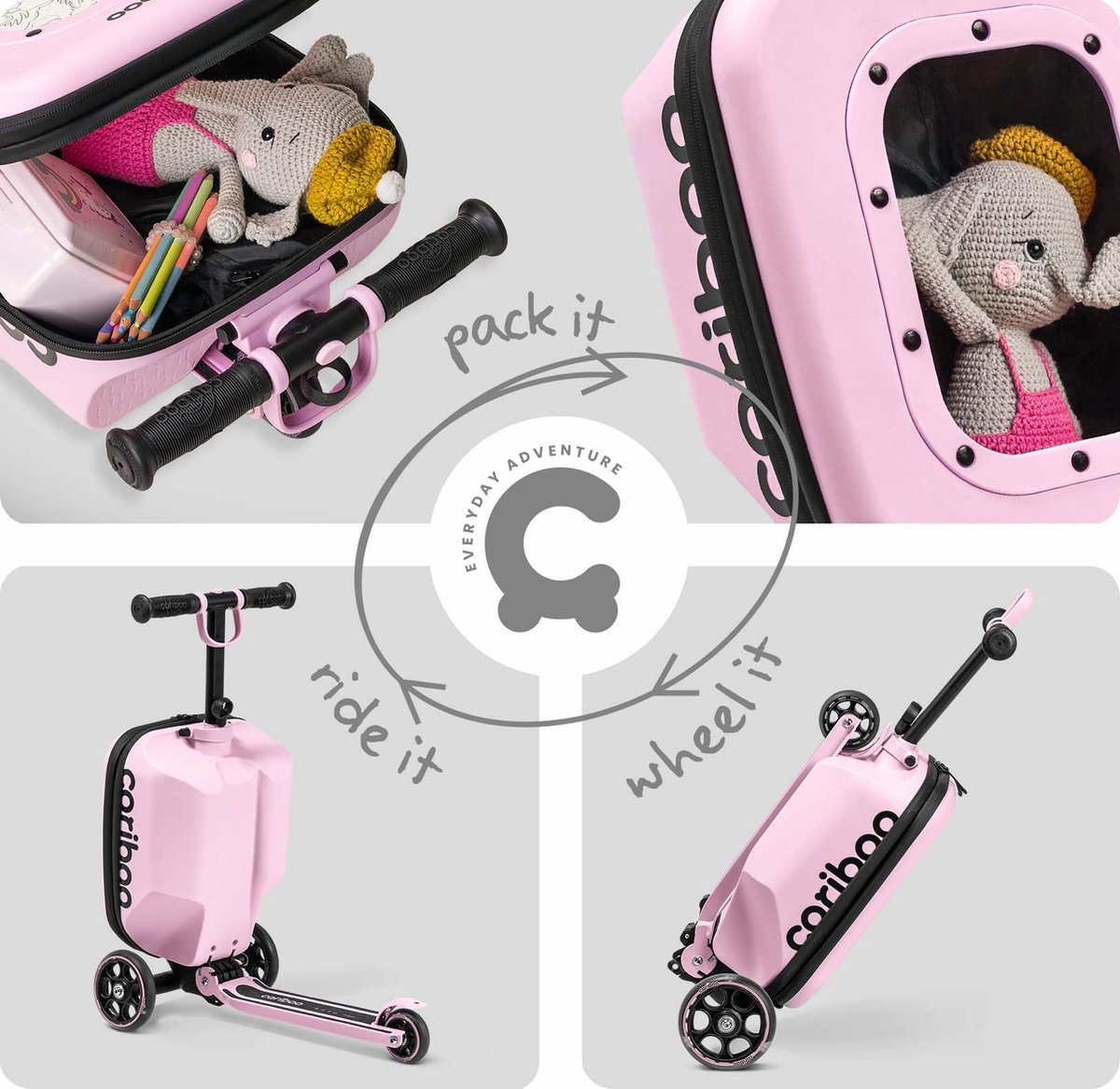 SnelShoppen - Cariboo Kinderstep 2in1 Driewieler Met Koffer - Opvouwbaar, Verstelbaar Tot 50 Kg, 3 Wielen, Roze, Voor Kinderen Vanaf 2 Jaar