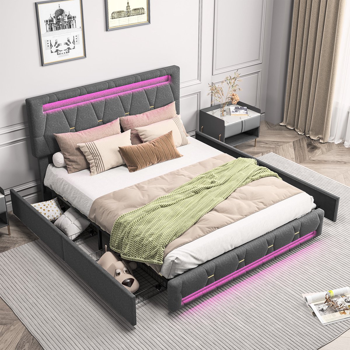 Tweepersoonsbed 140x200 cm, volwassen bed met led verlichting en 4 lades, gestoffeerd opbergbed met verstelbaar hoofdbord, linnen bedframe grijs, zonder matras