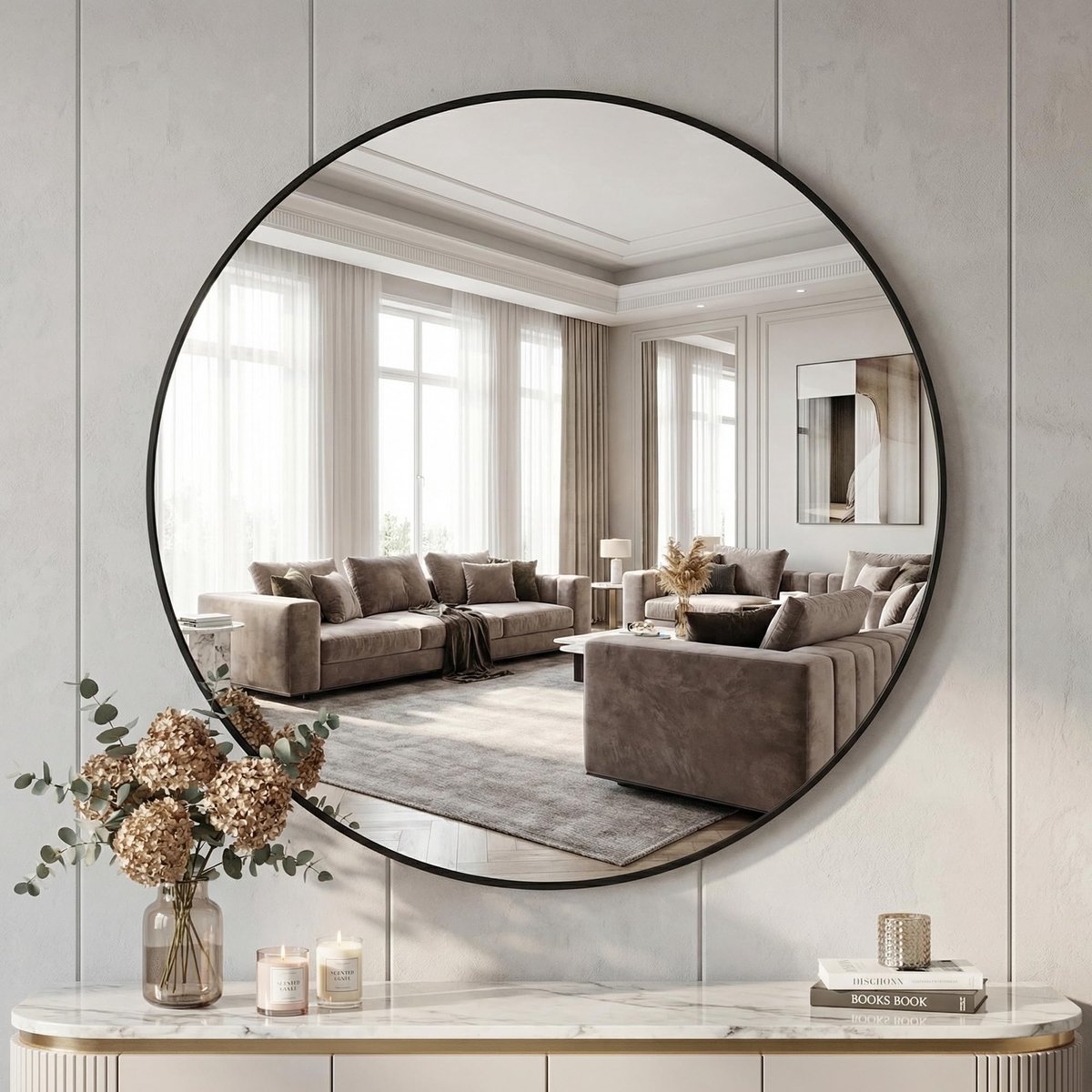 SnelShoppen - 90 cm Ronde Spiegel met Onbreekbaar Glas en Aluminium Frame, Wandspiegel voor Badkamer, Slaapkamer, Woonkamer, Modern Design, Makkelijk