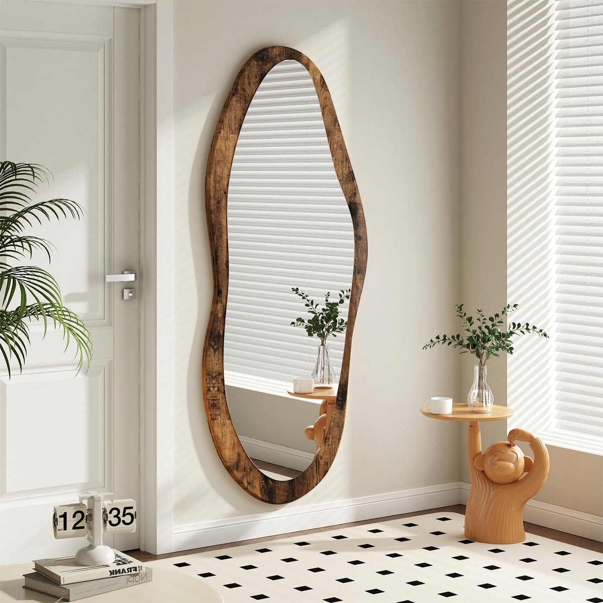 SnelShoppen - Grote Onregelmatige Muurspiegel met Houten Lijst 120x50cm Vintage Volledige Lengte Asymmetrische Make-upspiegels voor Badkamer Slaapkame