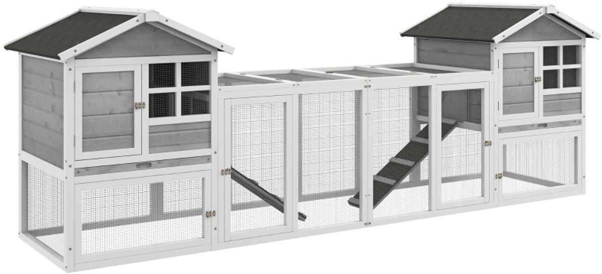 REDOM - Kleintierstall / Kaninchenstall / Außengehege - Met rampe en uitneembare bodembakken - Voor 2-4 konijnen - Hout en metaal - Wit en grijs - 259 x 64 x 92 cm