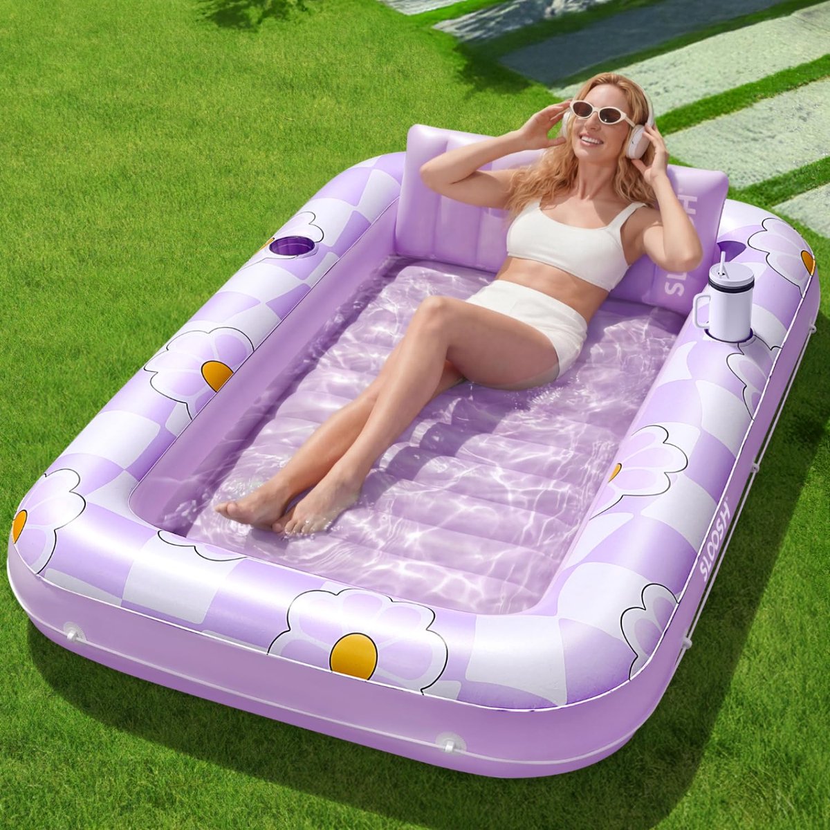SnelShoppen - Opblaasbaar zwembadbed 4-in-1, drijvend zwembadvlot met kussen, luchtbed, zonnebed, loungebed voor volwassenen, perfect voor feest, zwem