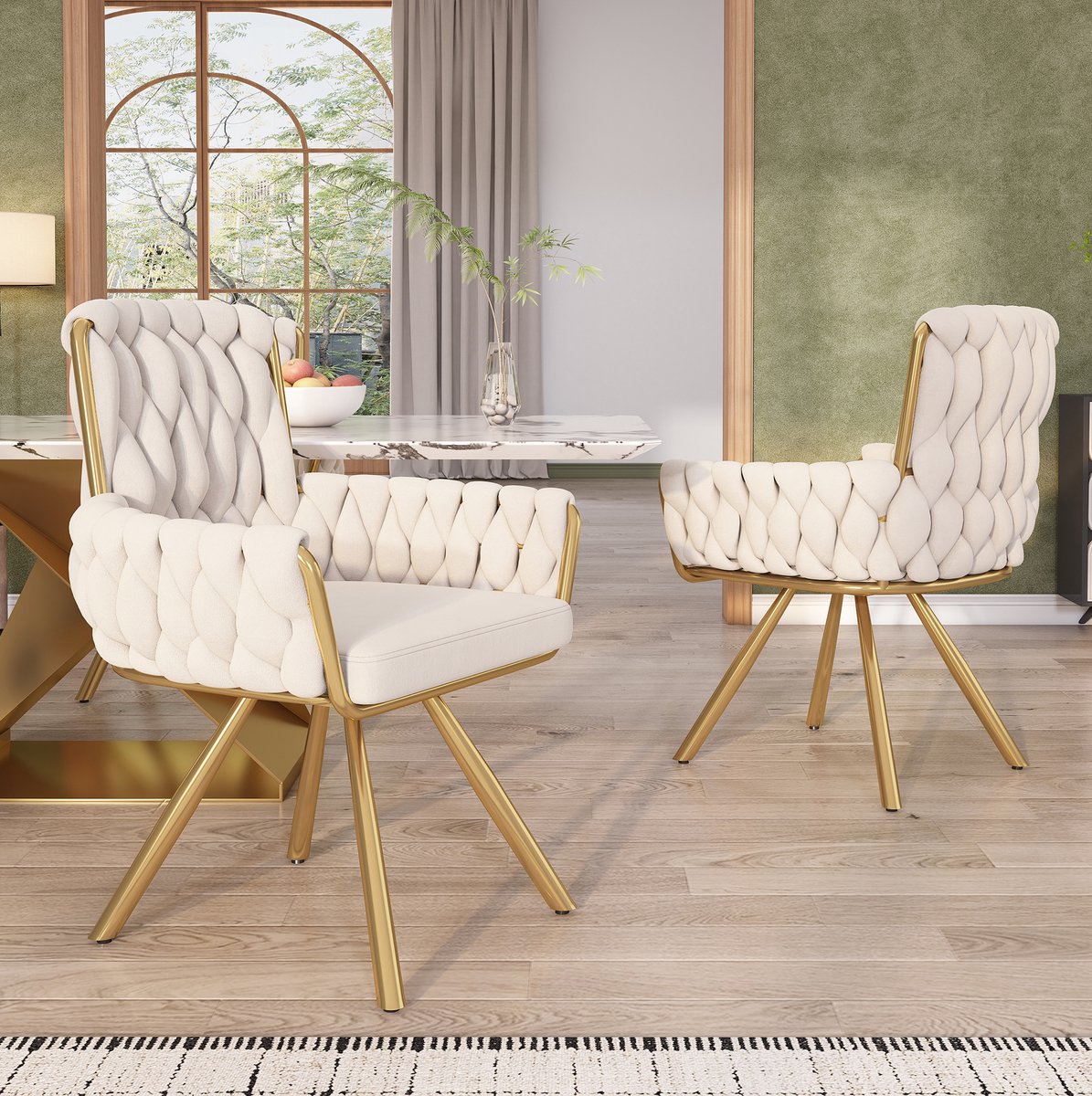 COVREO Eetkamerstoel set van 2 63x64x87 cm beige velvet met armleuningen en 360 graden draaifunctie