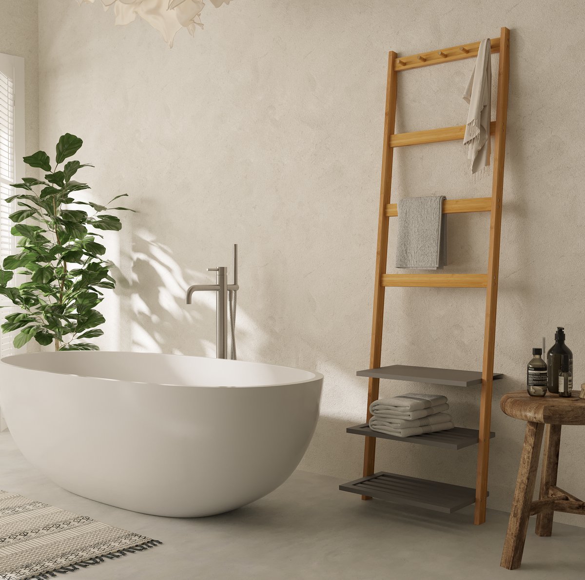 FloraGrace Kledingrek – 52 x 28,5 x 183 cm – Bamboe En Grijs – Met 3 Planken 4 Stangen En 5 Haken – Staande Handdoekladder Voor Badkamer