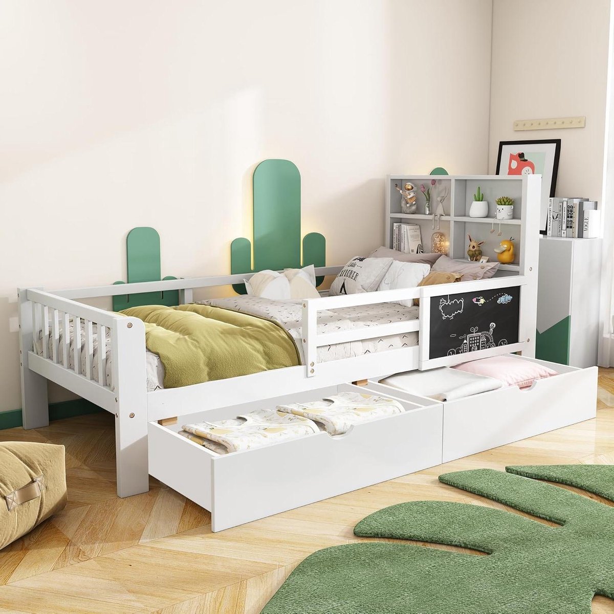 Kinderbed met Laden - Jongensmeisjesbed - Opgeruimde Kamer - Veiligheidsrand - 90 x 200 cm - Wit