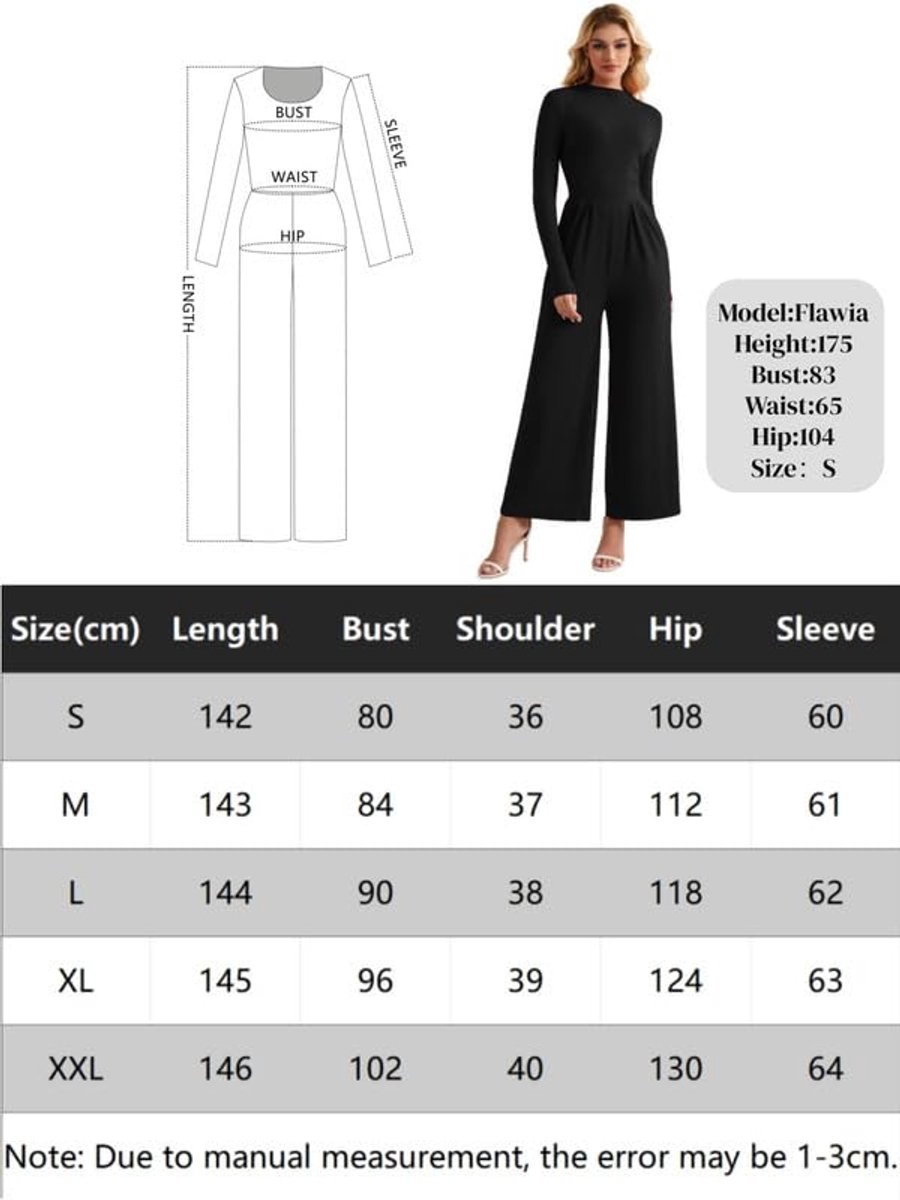 SnelShoppen - Dames Jumpsuit Elegante Lange Mouwen Staande Kraag Wijde Pijpen Met Zakken Hoog Getailleerd Feestelijke Trouwjurk Eenvoudig Zwart Maat S