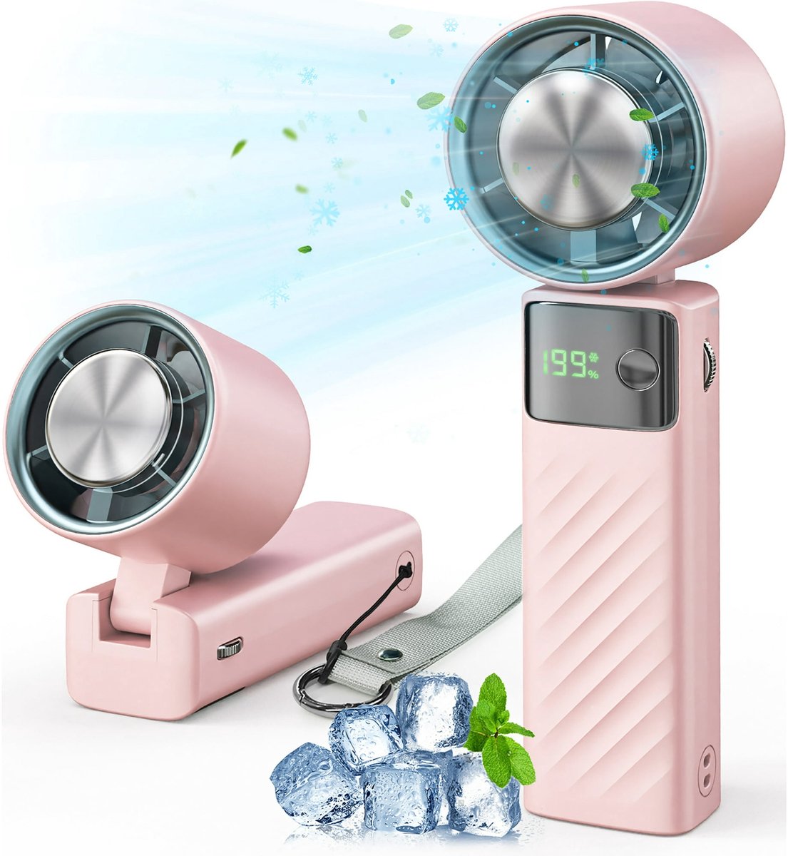 Ventilator - Draagbare Handventilator Turbo - Opvouwbare Mini Ventilator met LED Display - 1-199 Snelheden - 4000 mAh - Voor Binnen en Buiten - Roze