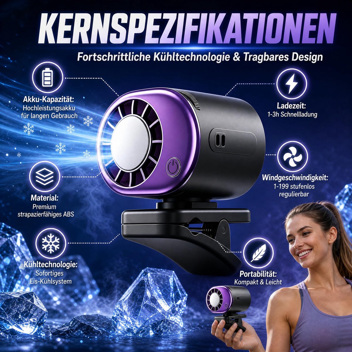 SnelShoppen - Autoventilator Clip-on Airconditioning Ventilator met LED-Display, Draagbare Ventilator voor Auto, Camping, Tuin, Keuken, Zomer, 12V, St