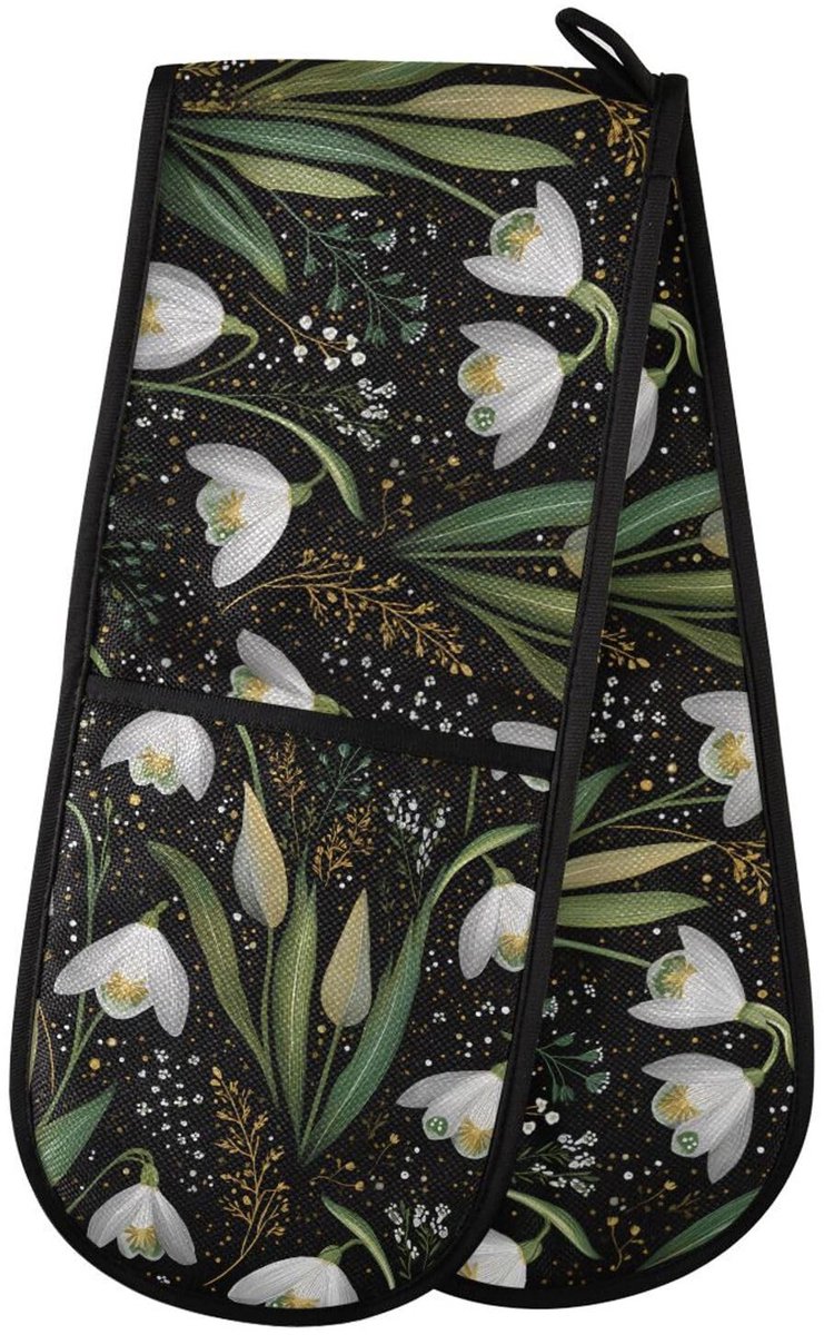 Dailygoods - Dubbele Ovenhandschoenen met Witte Tulpen - Hittebestendig en Gewatteerd