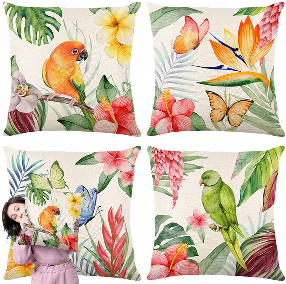 Dailygoods - Set van Tropical Flowers Kussenhoezen 45 x 45 cm - Decoratieve Kussenhoezen voor Buiten
