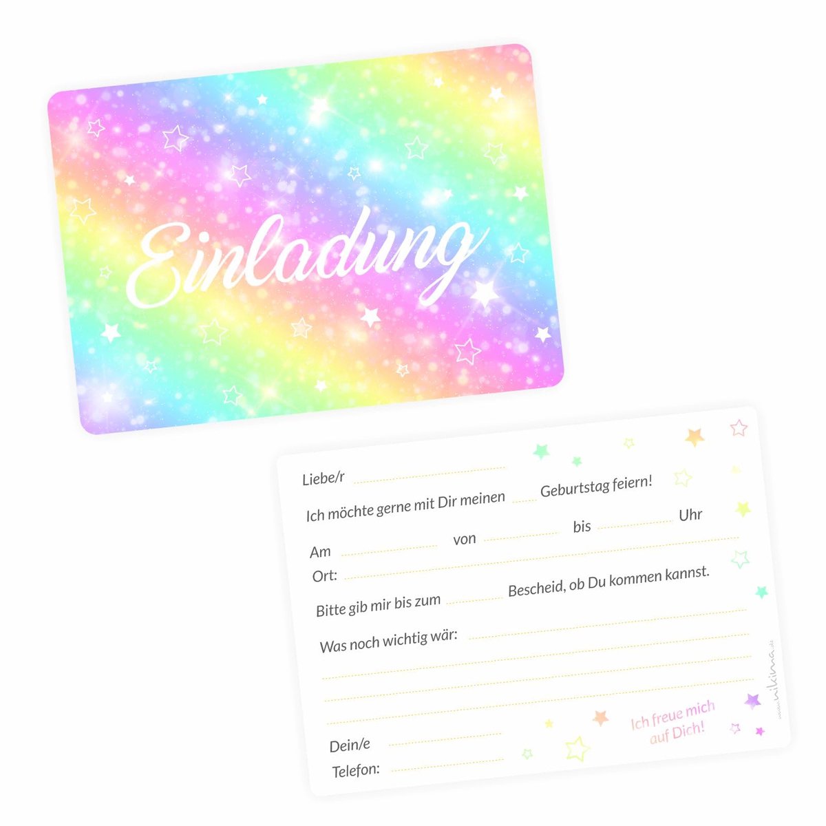 Dailygoods - 5 Uitnodigingskaarten Regenboog Sterren met Glitter - Inclusief Enveloppen