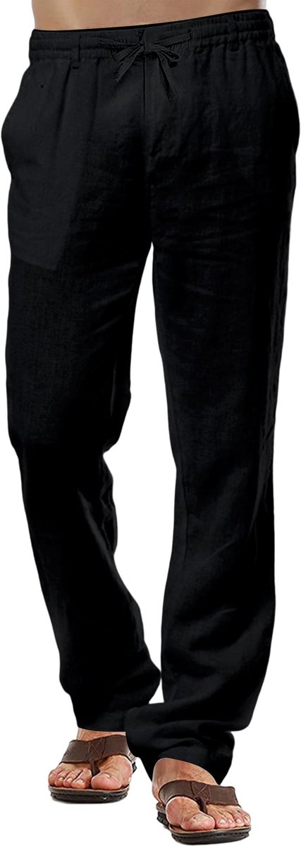 SnelShoppen - Heren Linnen Broek, Casual Katoenen Zomerbroek met Trekkoord, Lichte Zwarte Strandbroek, Ideaal voor Vakantie en Vrije Tijd, Maat L