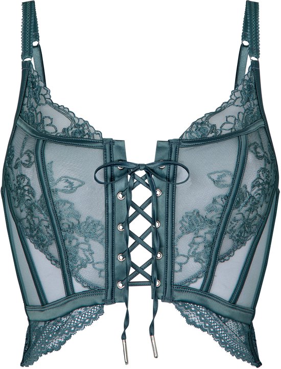 Corset bleu-gris en dentelle avec des baleines, un décolleté en V avec détails de laçage et bordure en dentelle.
