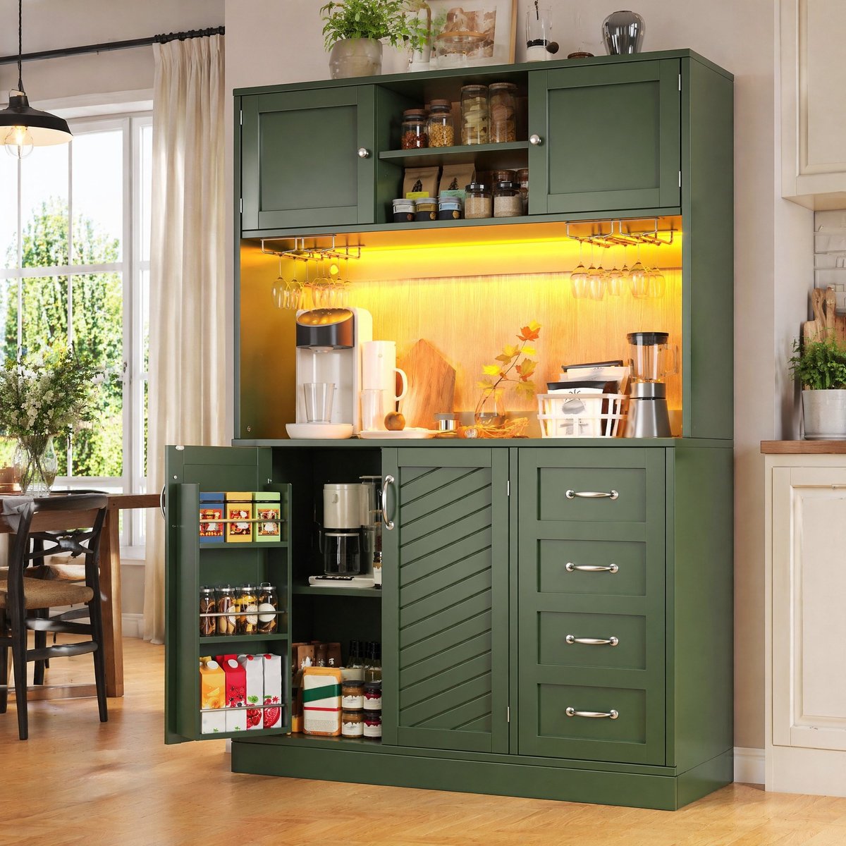 COVREO Buffetkast met LED en 4 deuren – Dressoirkast met 2 lades en drankhouders – Opbergkast – 120x40x188 cm – Groen