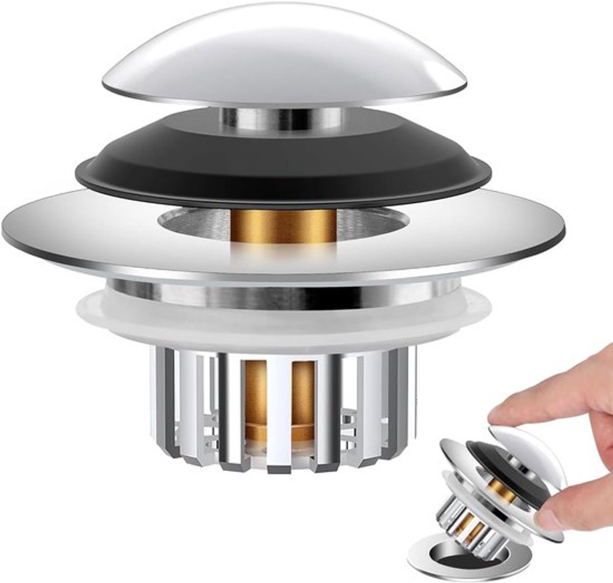 Afvoerzeef voor wastafel - Pop-up 3-in-1 badkuip - Afvoerstop met RVS filtermand - Stopper - Gootsteenstopper voor 37-50 mm afvoer - Messing bal kern - Chroom