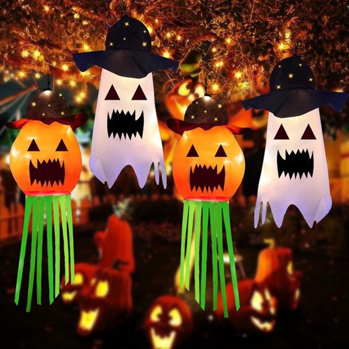Set van 4 Halloween-windzakken - Halloween-decoratie buitenpompoenen - spookwindzakken - flexibele Halloween-windzakken met warmwitte LED-verlichting voor tuin - huis - terras - vreselijke feestsfeer - sfeervolle feestdecoratie