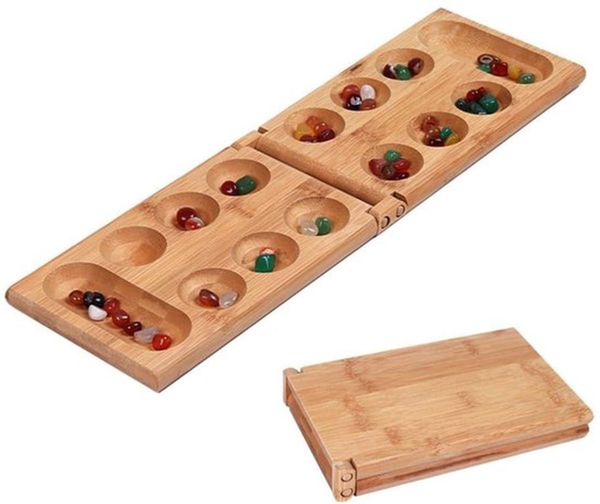 Mancala Bordspel Set - Kalaha Bordspel met Vouwbaar Spelbord - Natuurlijke Steen Kiezels - Gezellige Familie Spellen - Houten Bordspellen - Strategisch Spel voor Kinderen en Volwassenen