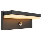 Zwarte wandlamp met warm ledlicht en ingebouwde bewegingssensor.