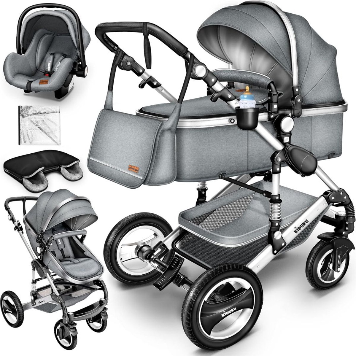 LNMsolutions® Kinderwagen - Kinderwagen 3 in 1 - Wandelwagen - Grijs/Zilver - 87cm x 65cm x 112cm