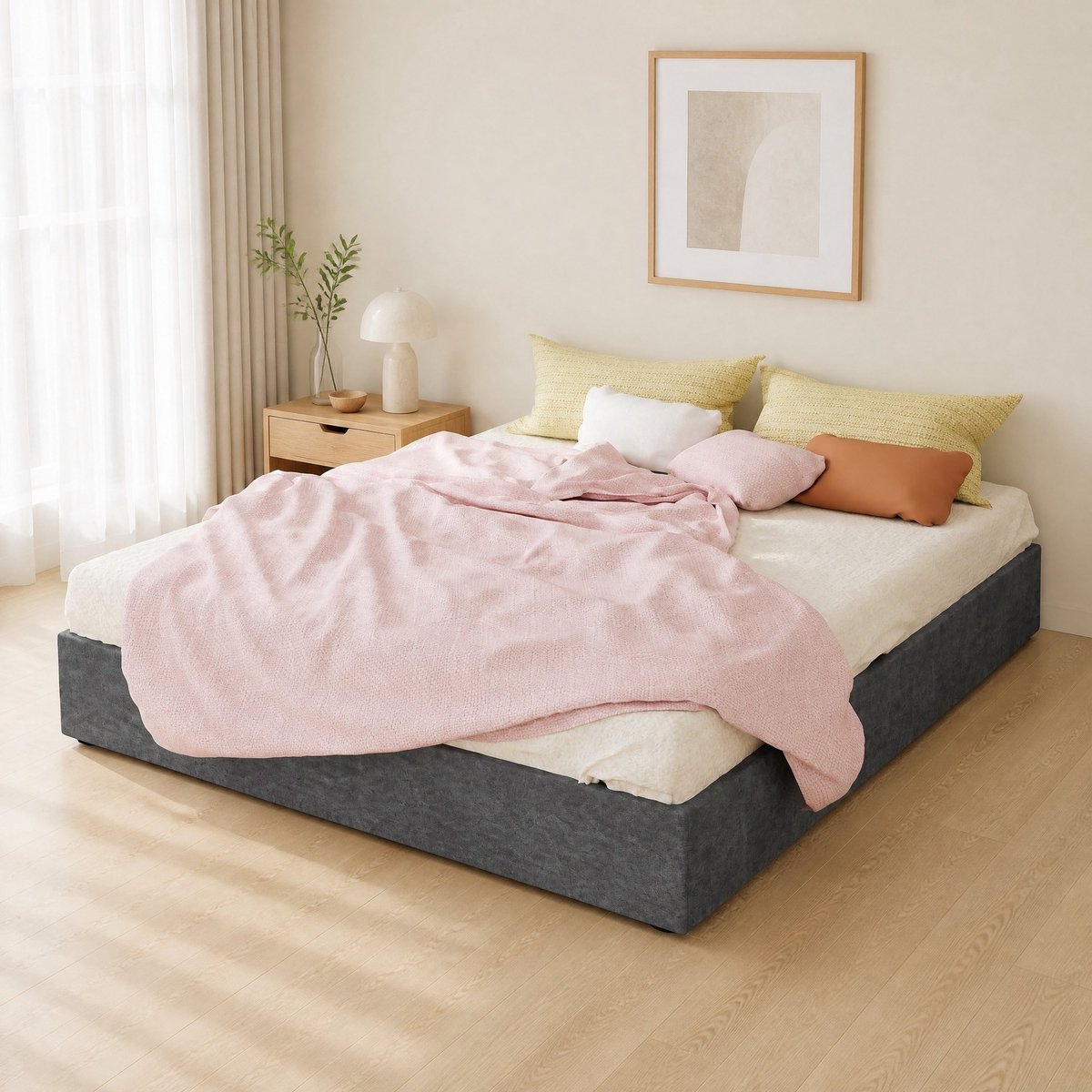 COVREO Bedframe 160x200 cm grijs stof, met gaslift en opbergruimte