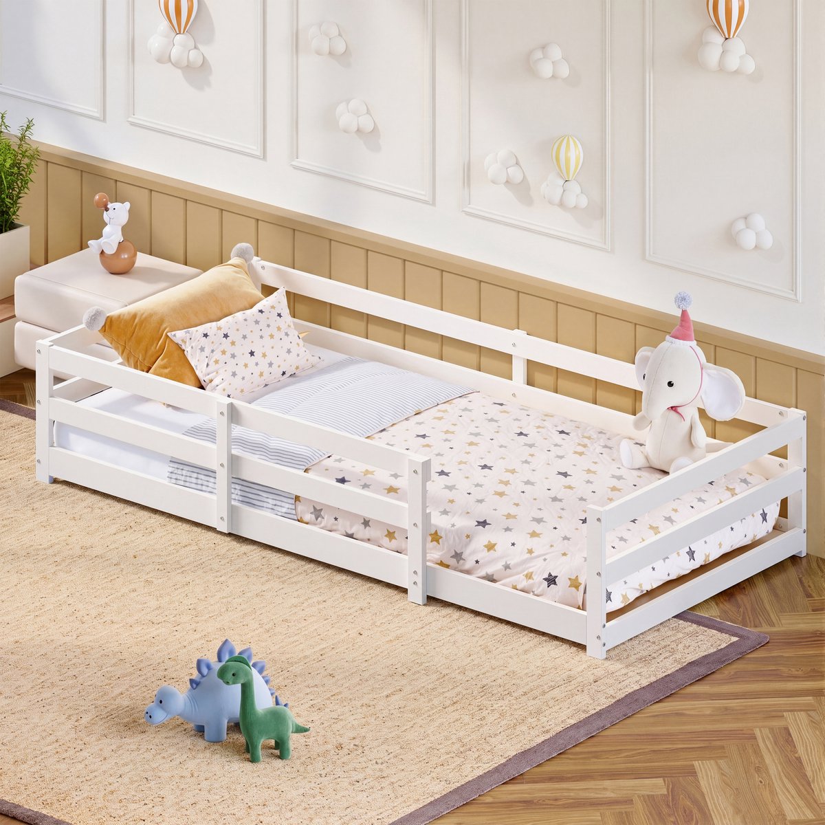 Wishdor Kinderbed met uitvalbeveiliging - Montessori laag bed - lattenbodem - hout - wit - 90 x 200 cm - Voor kinderen