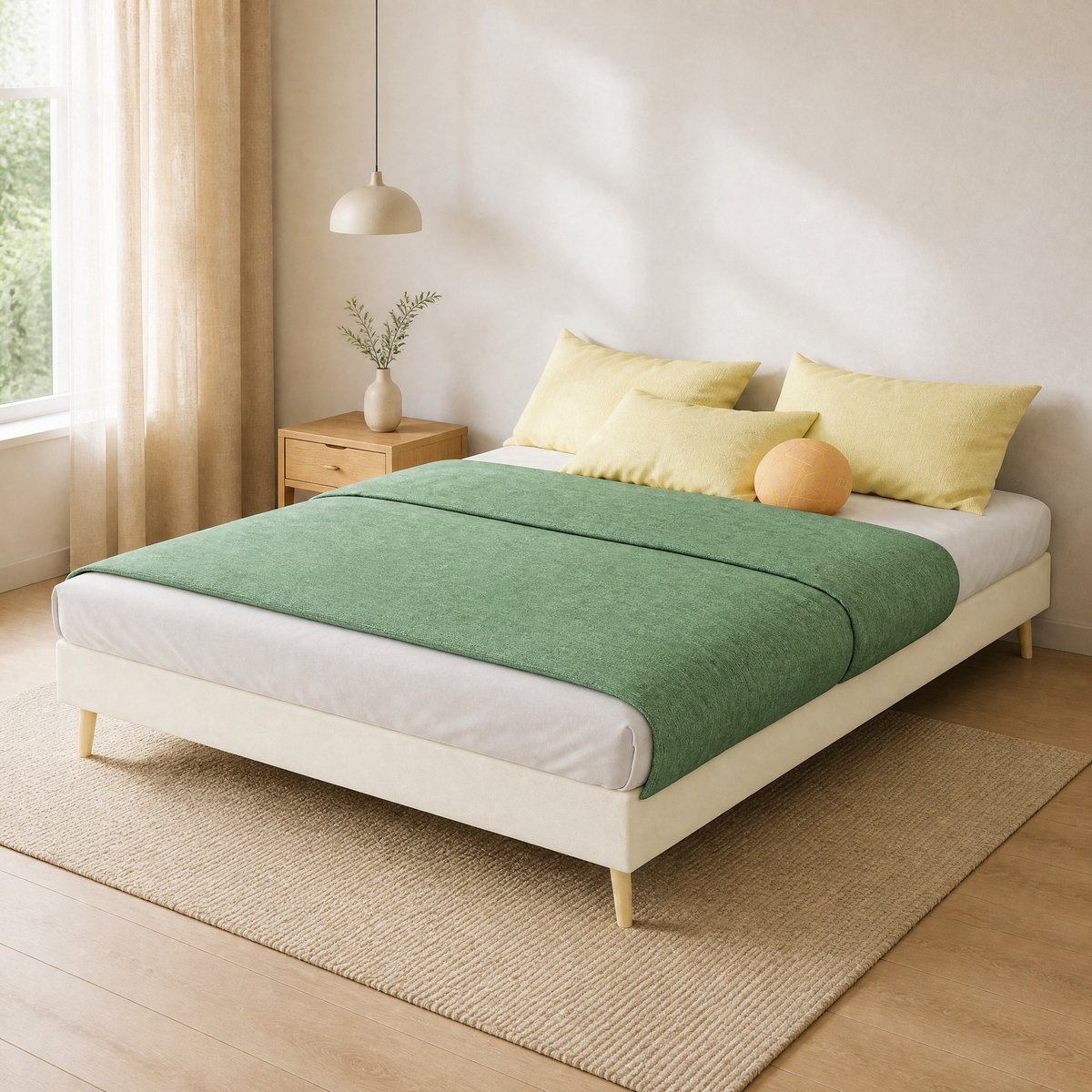 COVREO Bed 140x200 cm beige stof, lattenbodem, laag design, 400 kg