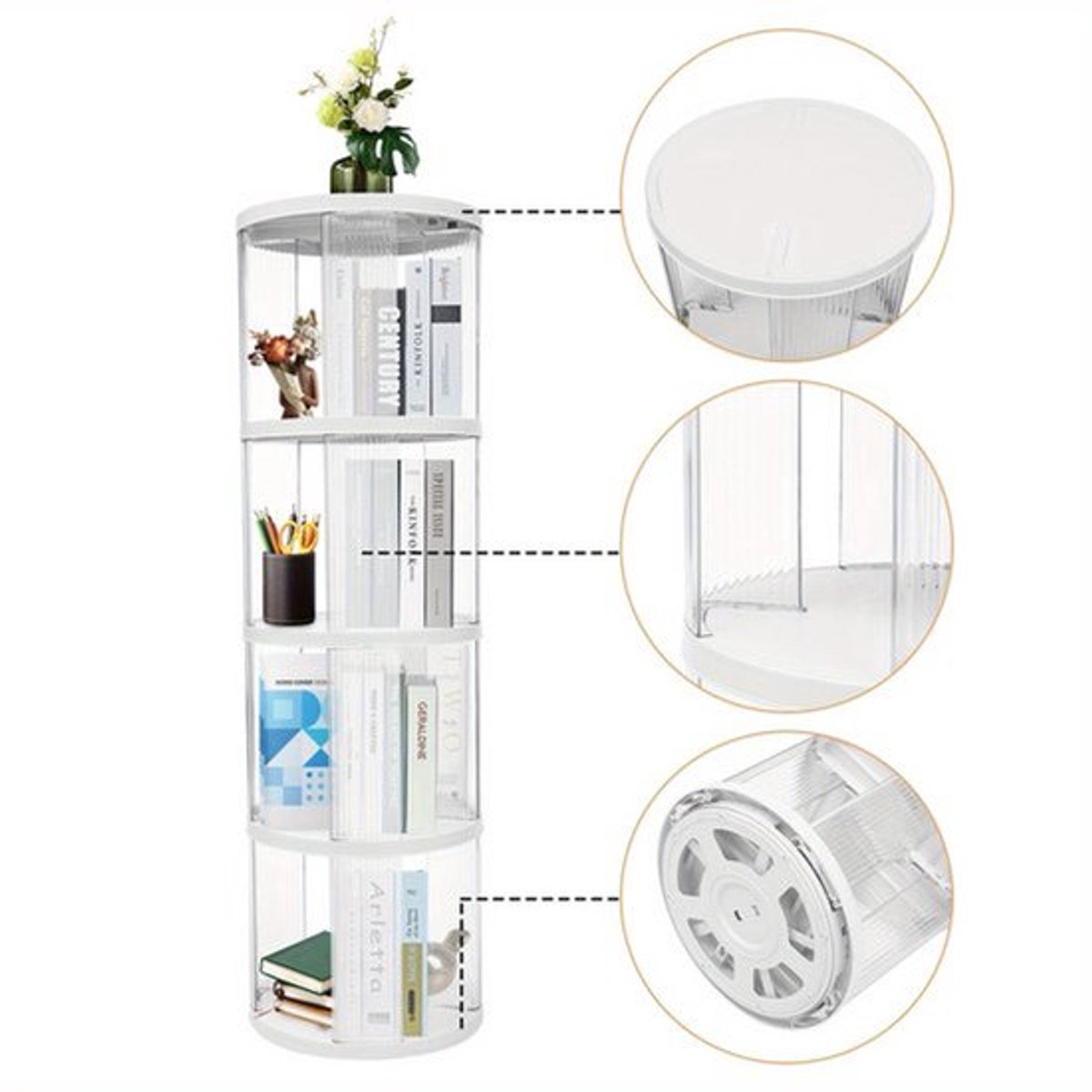 Boekenrek – Boekenkast – Boekenplank – Opbergkast – Boekenstandaard – Draaibaar 360° – Ruim 4-laags – Duurzaam ABS & PET – Compact en Stijlvol – Wit
