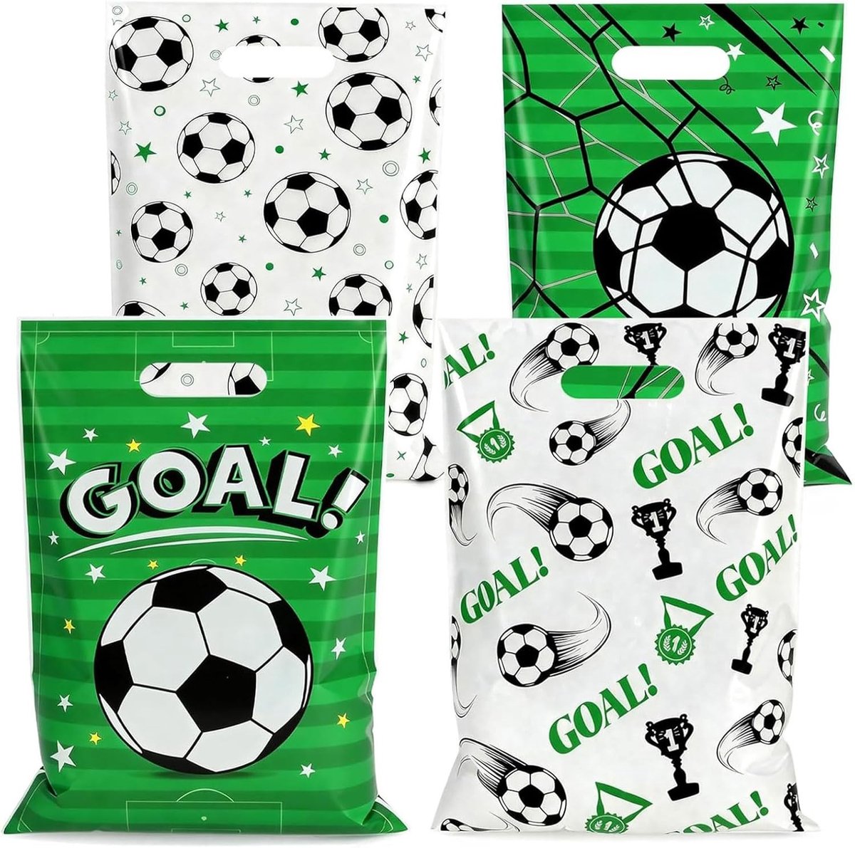 Cadeauzakjes voor Voetbalfeest - Groen/Wit - 25 x 16 cm - Herbruikbare Plastic Zakjes met Handvatten - Voor Snacks en Cadeautjes